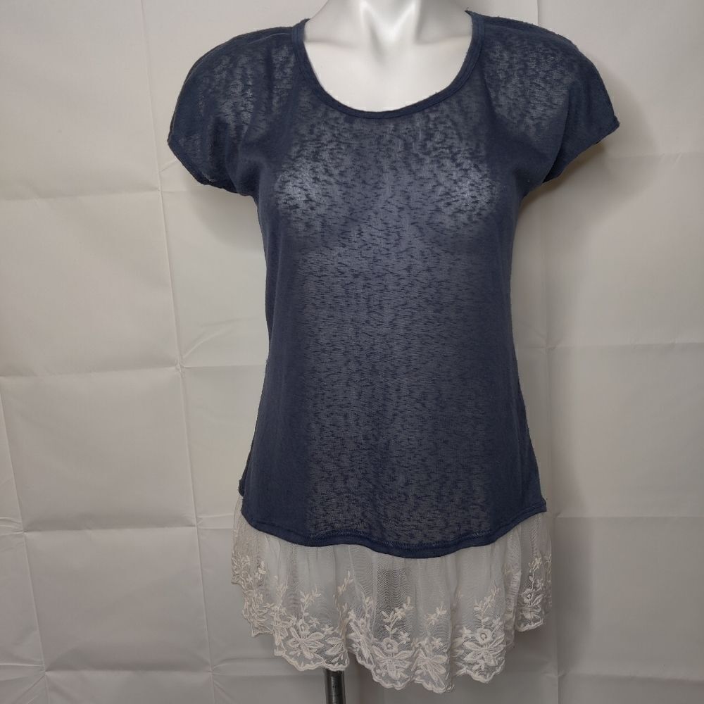 3/$25 Moa Moa Navy Blue Knit Lace Hem Top Sz S - Picture 6 of 9